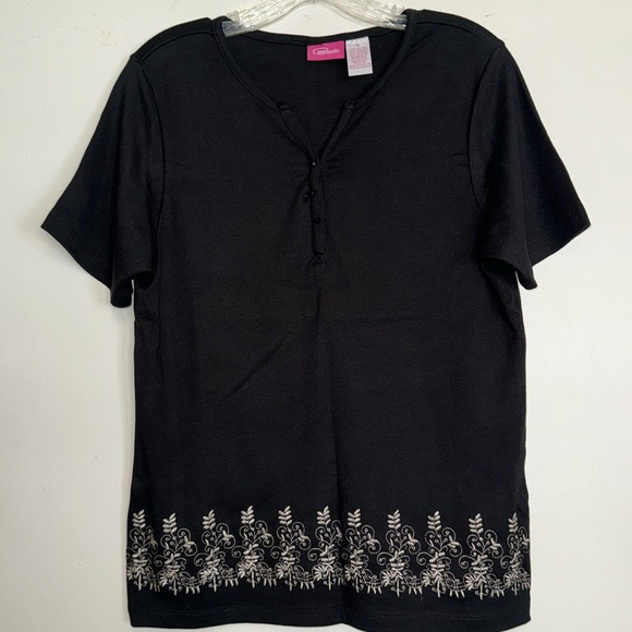 CAPPAGALLO Black Knit Top Floral Scroll Embroidered Soft V-Neck Button Detail M - Picture 1 of 8